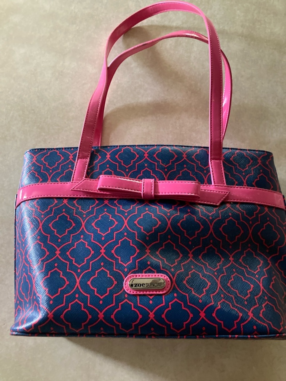 Zoe Signature Navy and Pink Patterned Shoulder Tote